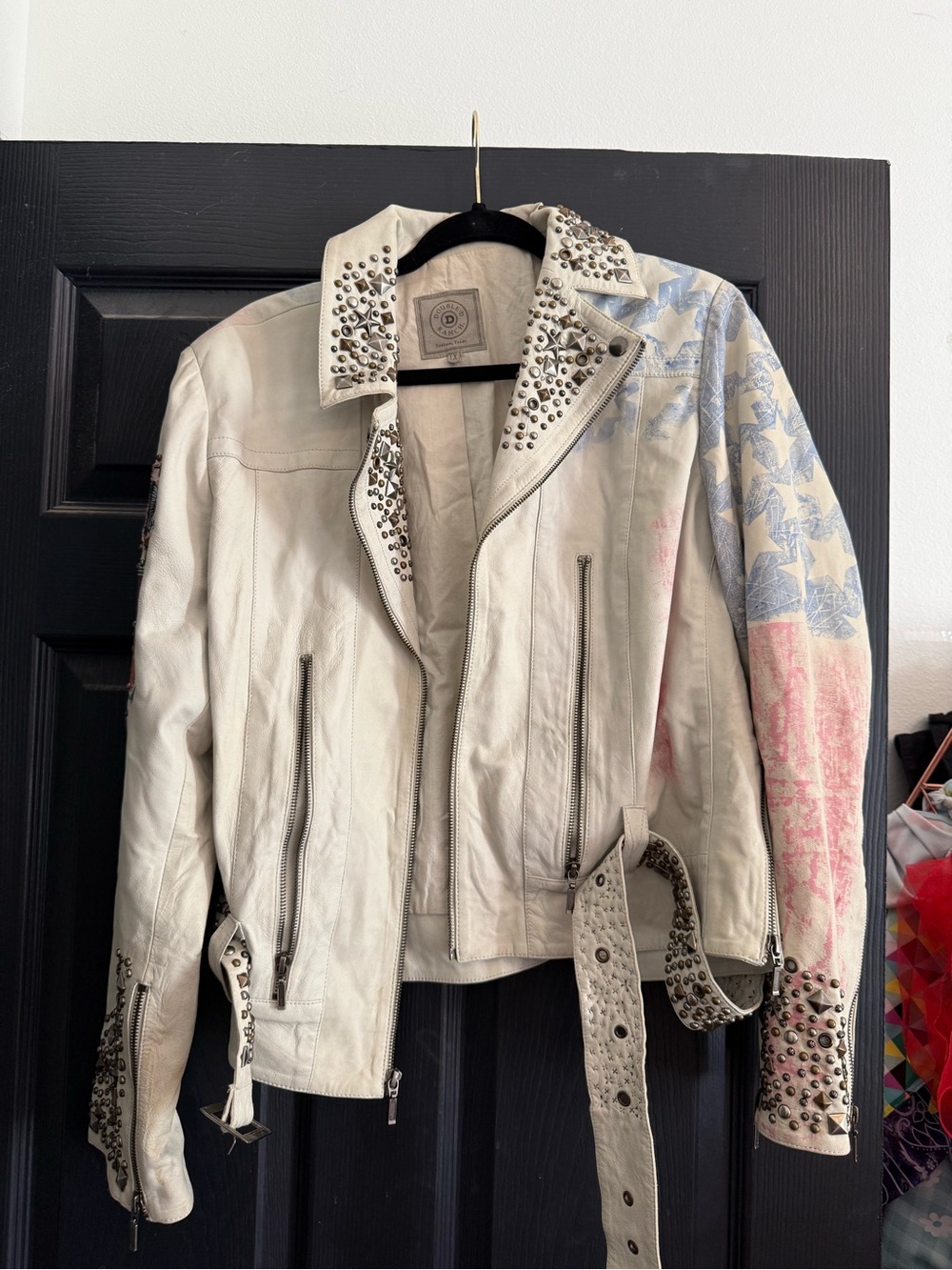 Double D Ranch American Flag White Moto Leather Jacket, Size 1X, EUC